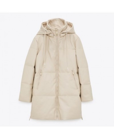 Loose Hooded Parkas Women Fashion Beige PU Leather Coats Women Side Zipper Split Long Cotton Jackets Ladies $72.21 - Jackets ...