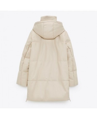 Loose Hooded Parkas Women Fashion Beige PU Leather Coats Women Side Zipper Split Long Cotton Jackets Ladies $72.21 - Jackets ...