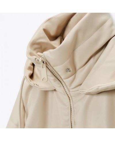 Loose Hooded Parkas Women Fashion Beige PU Leather Coats Women Side Zipper Split Long Cotton Jackets Ladies $72.21 - Jackets ...