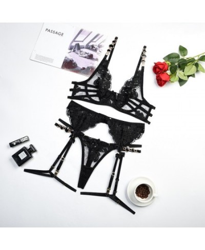 Luxury Lace Lingerie Floral Embroidery Jewel Strap Bra Garter Panty Set Women Sexy Underwear Transparent Exotic Outfit $34.13...