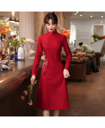 Autumn and Winter Large Size Red White Lace Embroidered Dress Improved Young Elegant Autumn Long-sleeved Dress Cheongsam 5xl ...