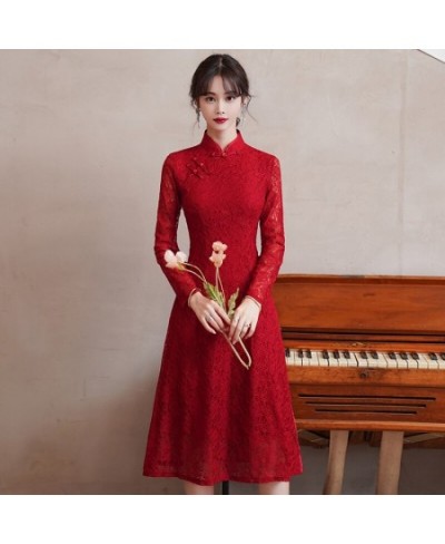 Autumn and Winter Large Size Red White Lace Embroidered Dress Improved Young Elegant Autumn Long-sleeved Dress Cheongsam 5xl ...