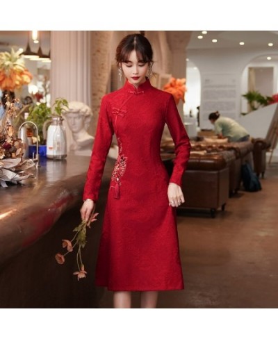 Autumn and Winter Large Size Red White Lace Embroidered Dress Improved Young Elegant Autumn Long-sleeved Dress Cheongsam 5xl ...