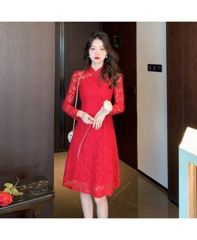 Autumn and Winter Large Size Red White Lace Embroidered Dress Improved Young Elegant Autumn Long-sleeved Dress Cheongsam 5xl ...