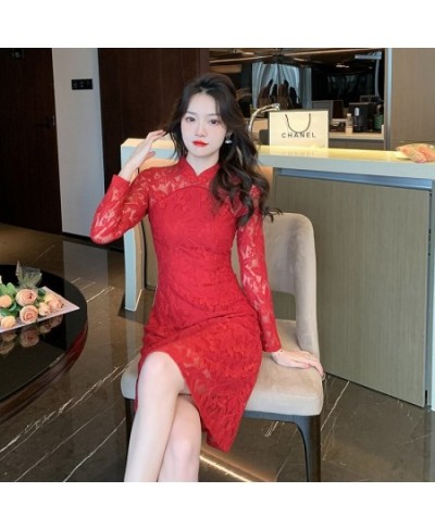 Autumn and Winter Large Size Red White Lace Embroidered Dress Improved Young Elegant Autumn Long-sleeved Dress Cheongsam 5xl ...