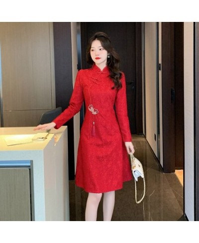 Autumn and Winter Large Size Red White Lace Embroidered Dress Improved Young Elegant Autumn Long-sleeved Dress Cheongsam 5xl ...