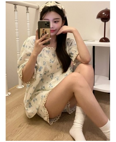 Soft Floral Summer Short Sleeve Print Pajamas Set Women Sweet Simple Korean Kawaii Lace Two Piece Set Elegant Casual Sleepwea...