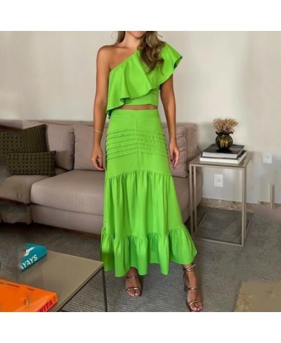 Women Two Piece Set Casual One Shoulder Solid Green Top A-Line Pleated Ruffled Layed Long Skirt Sets High Streetwear $47.23 -...