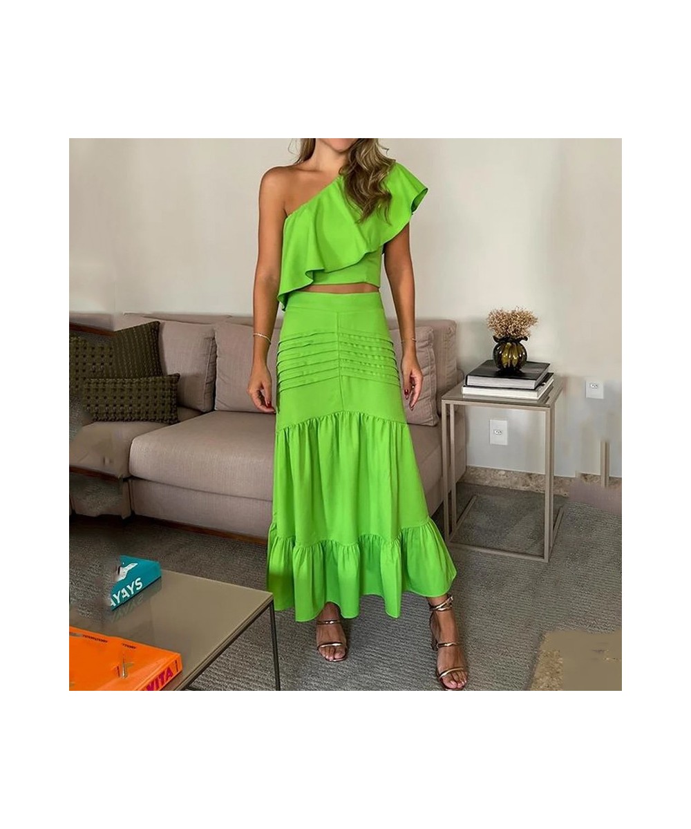 Women Two Piece Set Casual One Shoulder Solid Green Top A-Line Pleated Ruffled Layed Long Skirt Sets High Streetwear $47.23 -...