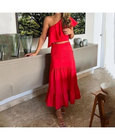 Women Two Piece Set Casual One Shoulder Solid Green Top A-Line Pleated Ruffled Layed Long Skirt Sets High Streetwear $47.23 -...