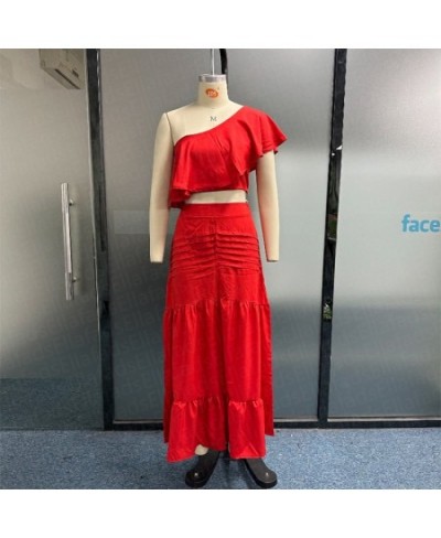 Women Two Piece Set Casual One Shoulder Solid Green Top A-Line Pleated Ruffled Layed Long Skirt Sets High Streetwear $47.23 -...