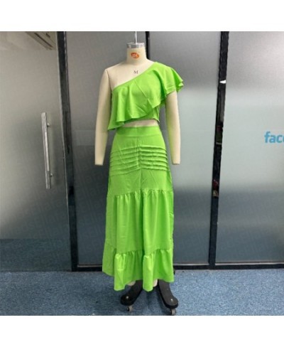 Women Two Piece Set Casual One Shoulder Solid Green Top A-Line Pleated Ruffled Layed Long Skirt Sets High Streetwear $47.23 -...