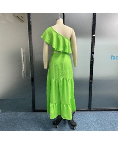 Women Two Piece Set Casual One Shoulder Solid Green Top A-Line Pleated Ruffled Layed Long Skirt Sets High Streetwear $47.23 -...