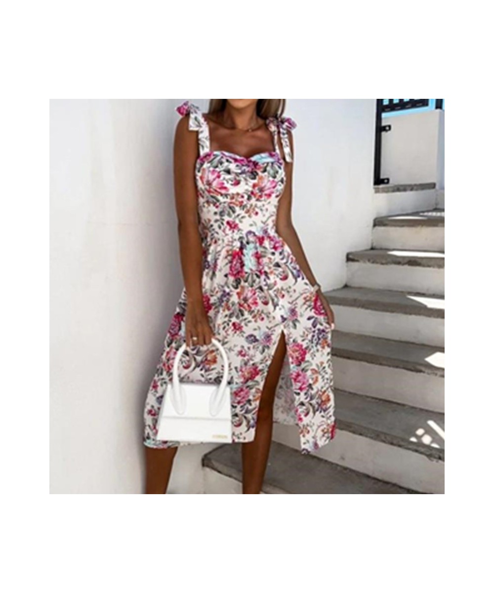 Women Summer Sleeveless Slit Skirt Retro Sweet Floral Print Midi Dress Ladies Elegant Sling Backless Strap V-Neck Sexy Dress ...