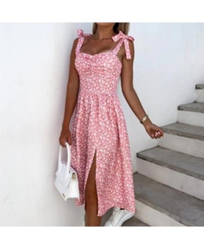 Women Summer Sleeveless Slit Skirt Retro Sweet Floral Print Midi Dress Ladies Elegant Sling Backless Strap V-Neck Sexy Dress ...