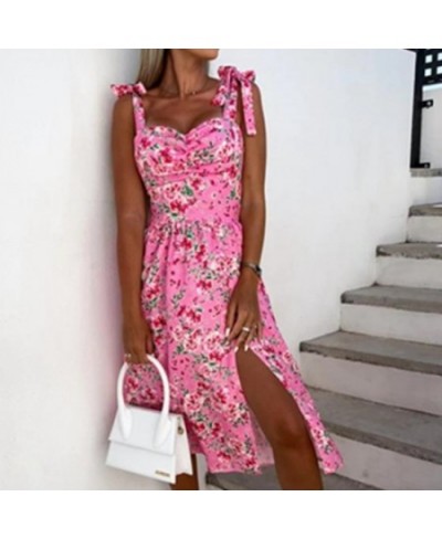 Women Summer Sleeveless Slit Skirt Retro Sweet Floral Print Midi Dress Ladies Elegant Sling Backless Strap V-Neck Sexy Dress ...