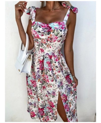 Women Summer Sleeveless Slit Skirt Retro Sweet Floral Print Midi Dress Ladies Elegant Sling Backless Strap V-Neck Sexy Dress ...