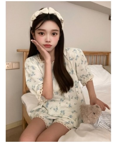 Soft Floral Summer Short Sleeve Print Pajamas Set Women Sweet Simple Korean Kawaii Lace Two Piece Set Elegant Casual Sleepwea...