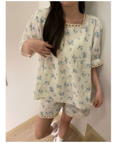 Soft Floral Summer Short Sleeve Print Pajamas Set Women Sweet Simple Korean Kawaii Lace Two Piece Set Elegant Casual Sleepwea...