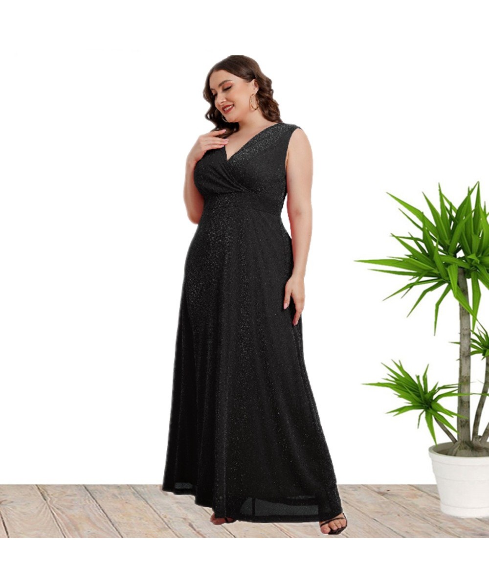 Plus Size Women Dress Solid Color 2023 Fashion Sleeveless V-neck Slim Pleated Elegant Solid Color Dress High Waist Zip Dress ...