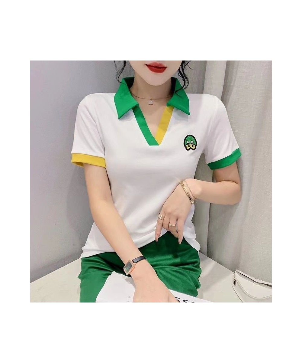 T-shirt Woman Short Sleeve Tee Clothing Striped Polo Neck Shirts for Women Flower Tops with Collar V Luxury Youth Trend Golf ...