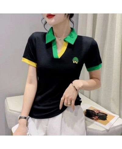 T-shirt Woman Short Sleeve Tee Clothing Striped Polo Neck Shirts for Women Flower Tops with Collar V Luxury Youth Trend Golf ...