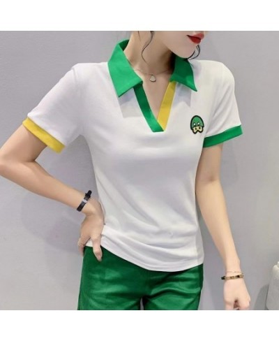 T-shirt Woman Short Sleeve Tee Clothing Striped Polo Neck Shirts for Women Flower Tops with Collar V Luxury Youth Trend Golf ...