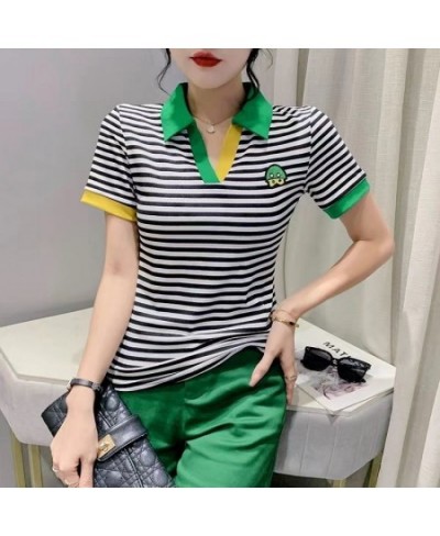 T-shirt Woman Short Sleeve Tee Clothing Striped Polo Neck Shirts for Women Flower Tops with Collar V Luxury Youth Trend Golf ...