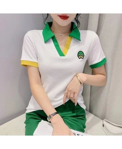 T-shirt Woman Short Sleeve Tee Clothing Striped Polo Neck Shirts for Women Flower Tops with Collar V Luxury Youth Trend Golf ...