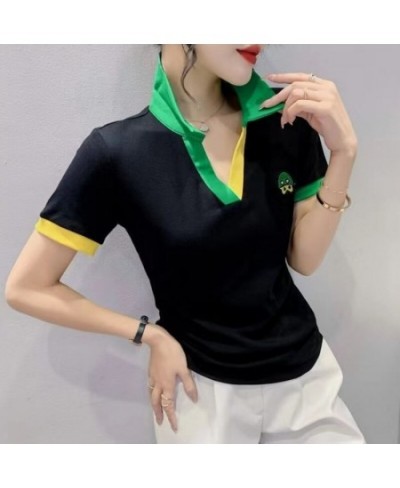 T-shirt Woman Short Sleeve Tee Clothing Striped Polo Neck Shirts for Women Flower Tops with Collar V Luxury Youth Trend Golf ...