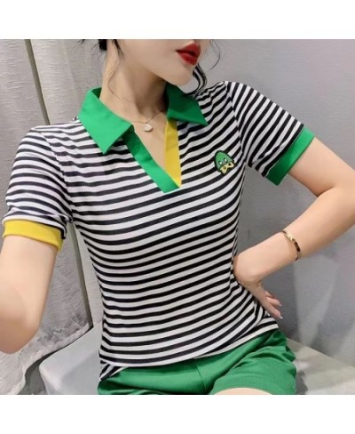 T-shirt Woman Short Sleeve Tee Clothing Striped Polo Neck Shirts for Women Flower Tops with Collar V Luxury Youth Trend Golf ...