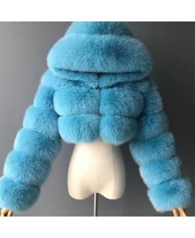 Fashion Hooded Faux Fur Coat Women 2022 Winter High Quality Warm Blue Furry Overcoat Elegant Plush Crop Jacket Femme $104.23 ...