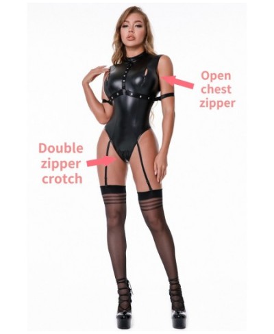 Sexy Female Bodysuit Shiny Faux Leather Leotards Body Shaper Corset Jumpsuit Stockings Bondage Lingerie High Elastic Garter S...