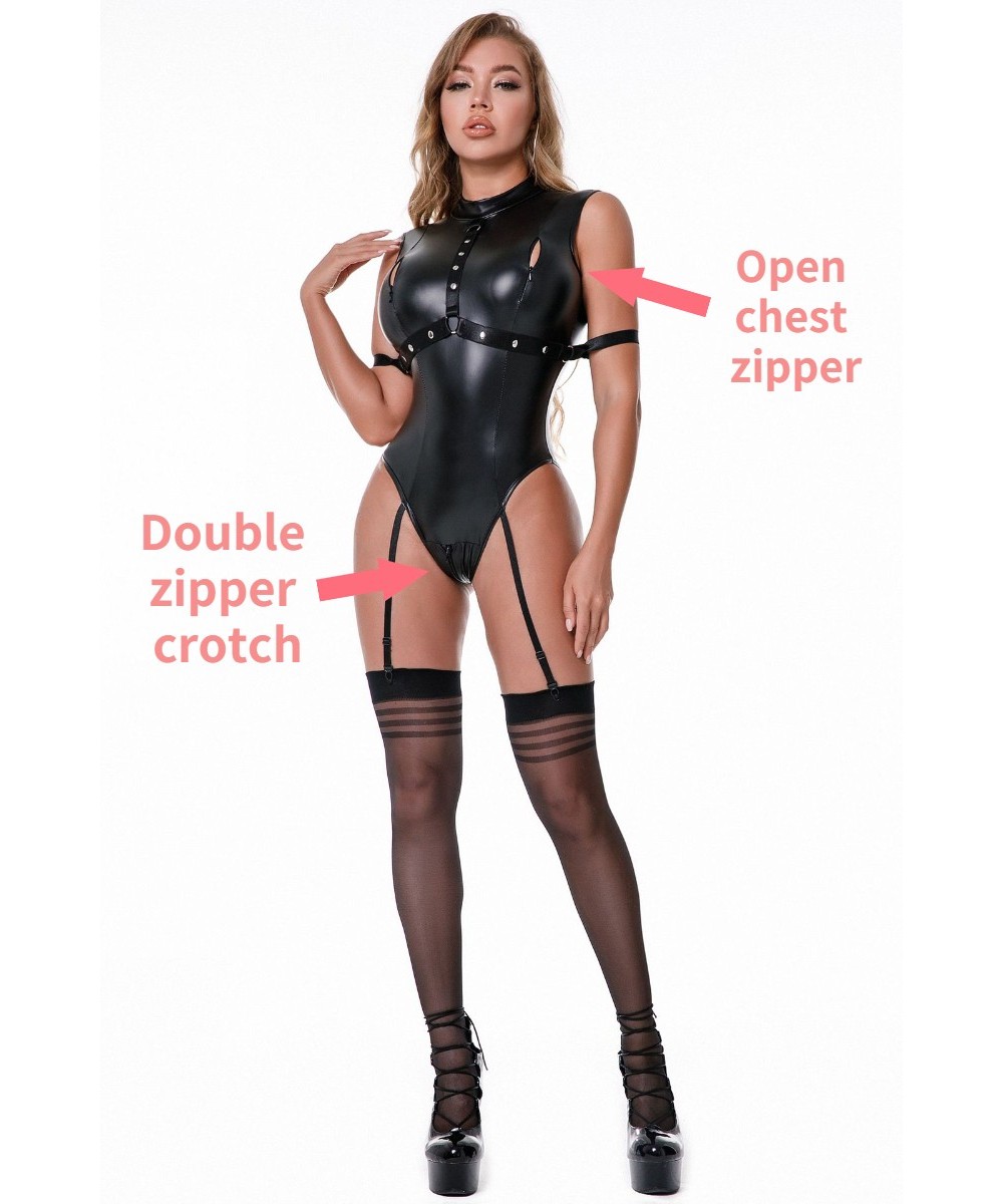 Sexy Female Bodysuit Shiny Faux Leather Leotards Body Shaper Corset Jumpsuit Stockings Bondage Lingerie High Elastic Garter S...