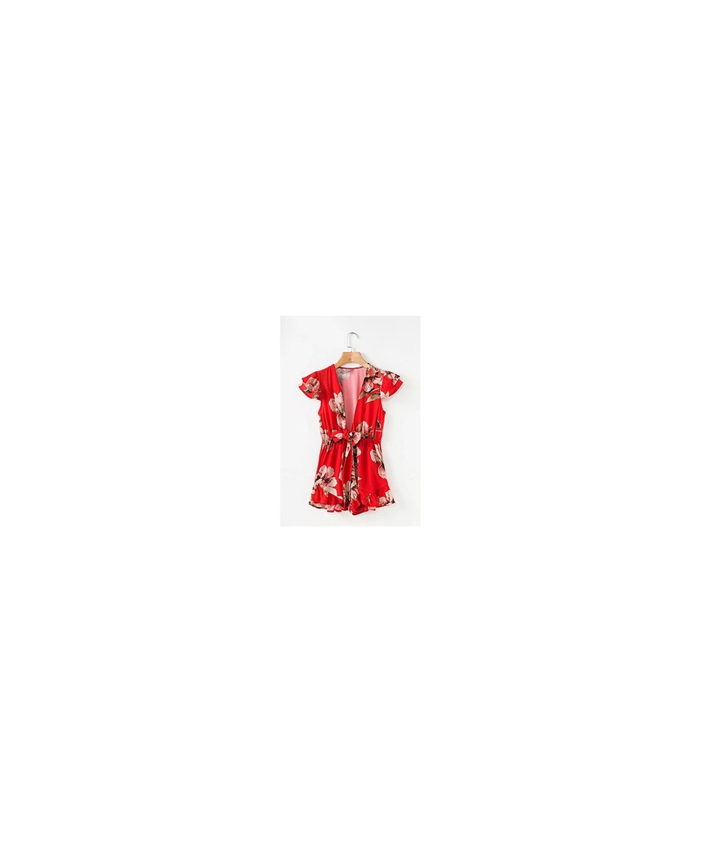 2023 spring women fashion print jumpsuits loose casual female cotton playsuits bow V Neck white red playsuits $36.65 - Rompers