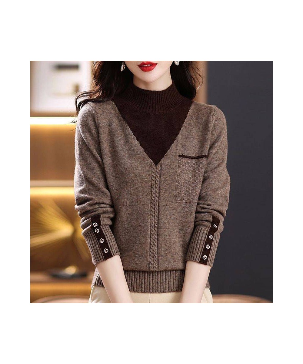 Spring and Autumn 2022 New Semi High Collar Undercoat Korean Color Contrast Knitted Sweater Elegant Women's Fake Two Piece To...