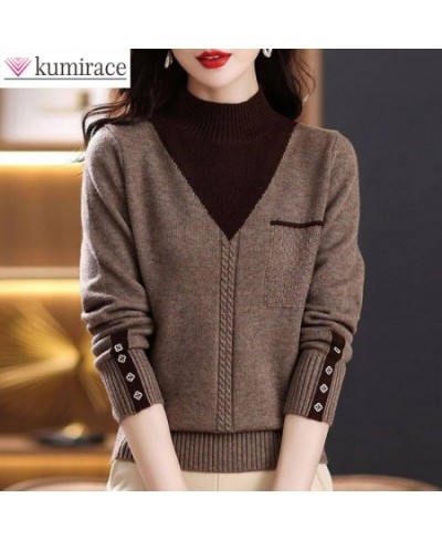 Spring and Autumn 2022 New Semi High Collar Undercoat Korean Color Contrast Knitted Sweater Elegant Women's Fake Two Piece To...