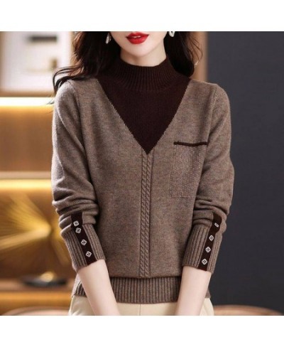 Spring and Autumn 2022 New Semi High Collar Undercoat Korean Color Contrast Knitted Sweater Elegant Women's Fake Two Piece To...