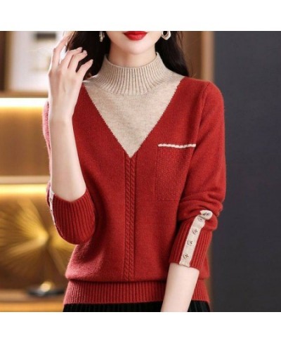 Spring and Autumn 2022 New Semi High Collar Undercoat Korean Color Contrast Knitted Sweater Elegant Women's Fake Two Piece To...