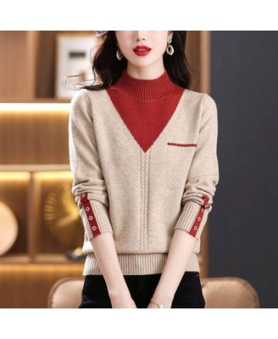 Spring and Autumn 2022 New Semi High Collar Undercoat Korean Color Contrast Knitted Sweater Elegant Women's Fake Two Piece To...