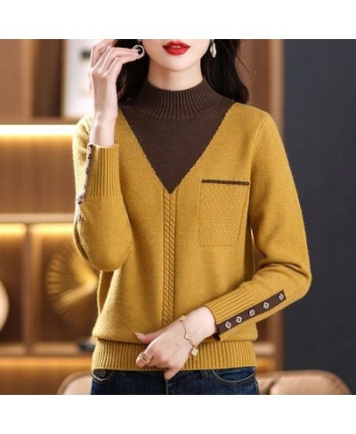 Spring and Autumn 2022 New Semi High Collar Undercoat Korean Color Contrast Knitted Sweater Elegant Women's Fake Two Piece To...