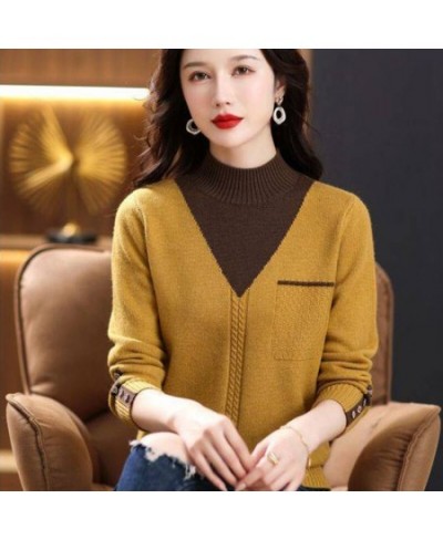 Spring and Autumn 2022 New Semi High Collar Undercoat Korean Color Contrast Knitted Sweater Elegant Women's Fake Two Piece To...