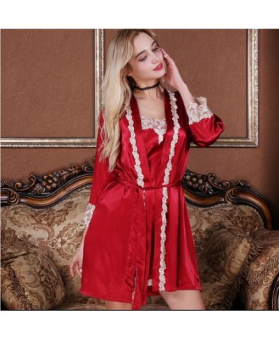 5911-5 Pajamas Sets Faux Silk Pajamas Sleepwear Sets Embroidery Lace Bath Gown Wedding Night Dress Robe With Belt $93.25 - Sl...