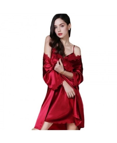 5911-5 Pajamas Sets Faux Silk Pajamas Sleepwear Sets Embroidery Lace Bath Gown Wedding Night Dress Robe With Belt $93.25 - Sl...