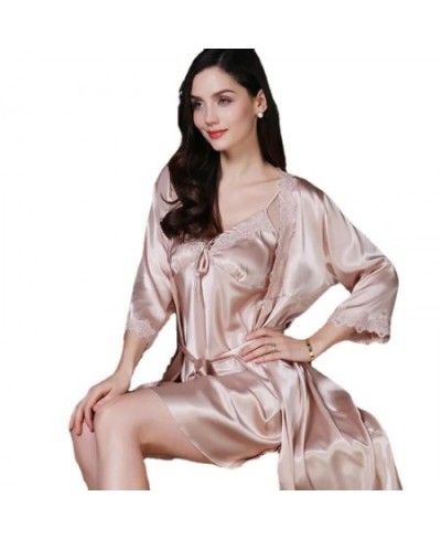 5911-5 Pajamas Sets Faux Silk Pajamas Sleepwear Sets Embroidery Lace Bath Gown Wedding Night Dress Robe With Belt $93.25 - Sl...