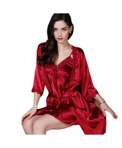 5911-5 Pajamas Sets Faux Silk Pajamas Sleepwear Sets Embroidery Lace Bath Gown Wedding Night Dress Robe With Belt $93.25 - Sl...