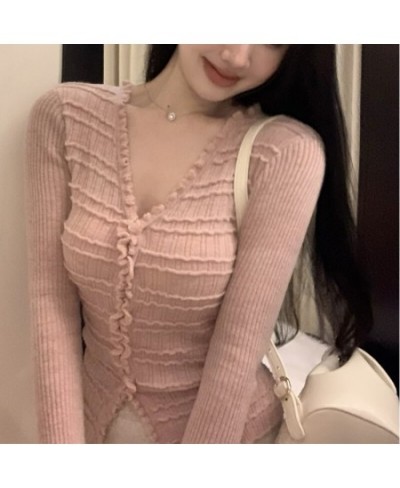 2023 Spring New Korean V-neck Ruffled Solid Color Casual Long-sleeved Cardigan Women + Sexy Slim Knitted Skirt Two-piece Suit...