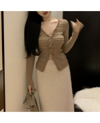 2023 Spring New Korean V-neck Ruffled Solid Color Casual Long-sleeved Cardigan Women + Sexy Slim Knitted Skirt Two-piece Suit...