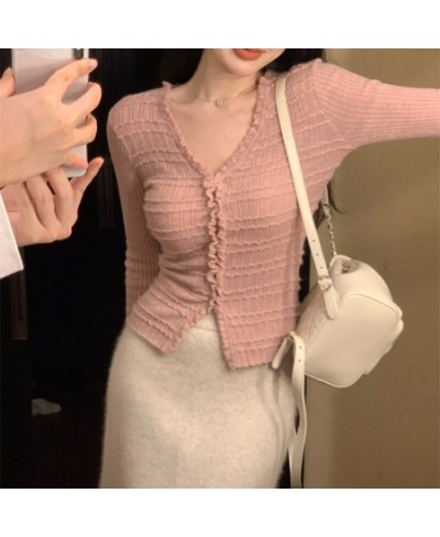 2023 Spring New Korean V-neck Ruffled Solid Color Casual Long-sleeved Cardigan Women + Sexy Slim Knitted Skirt Two-piece Suit...