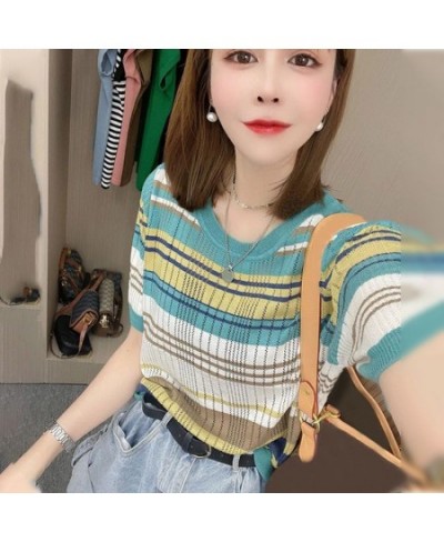 Women's T Shirts Short Sleeve Tee Striped Clothes High Quality Top Cotton Cute Youth Aesthetic Golf Trend New V Polo Neck Shi...